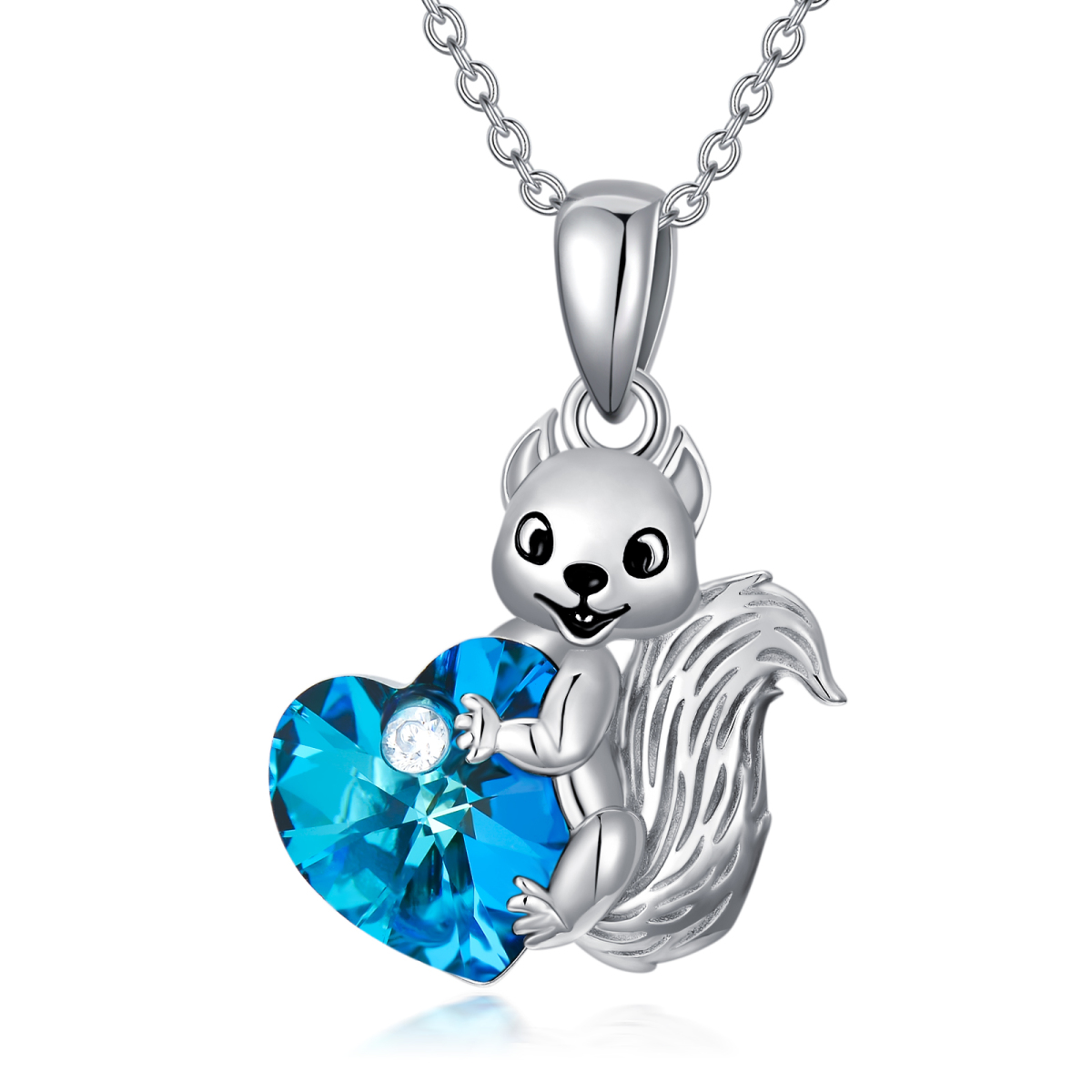 Sterling Silver Heart Shaped Crystal Squirrel Pendant Necklace-1