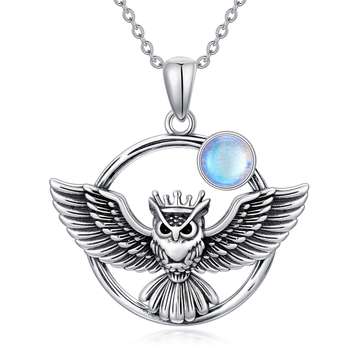 Sterling Silver with Black Plated Moonstone Owl Pendant Necklace-1
