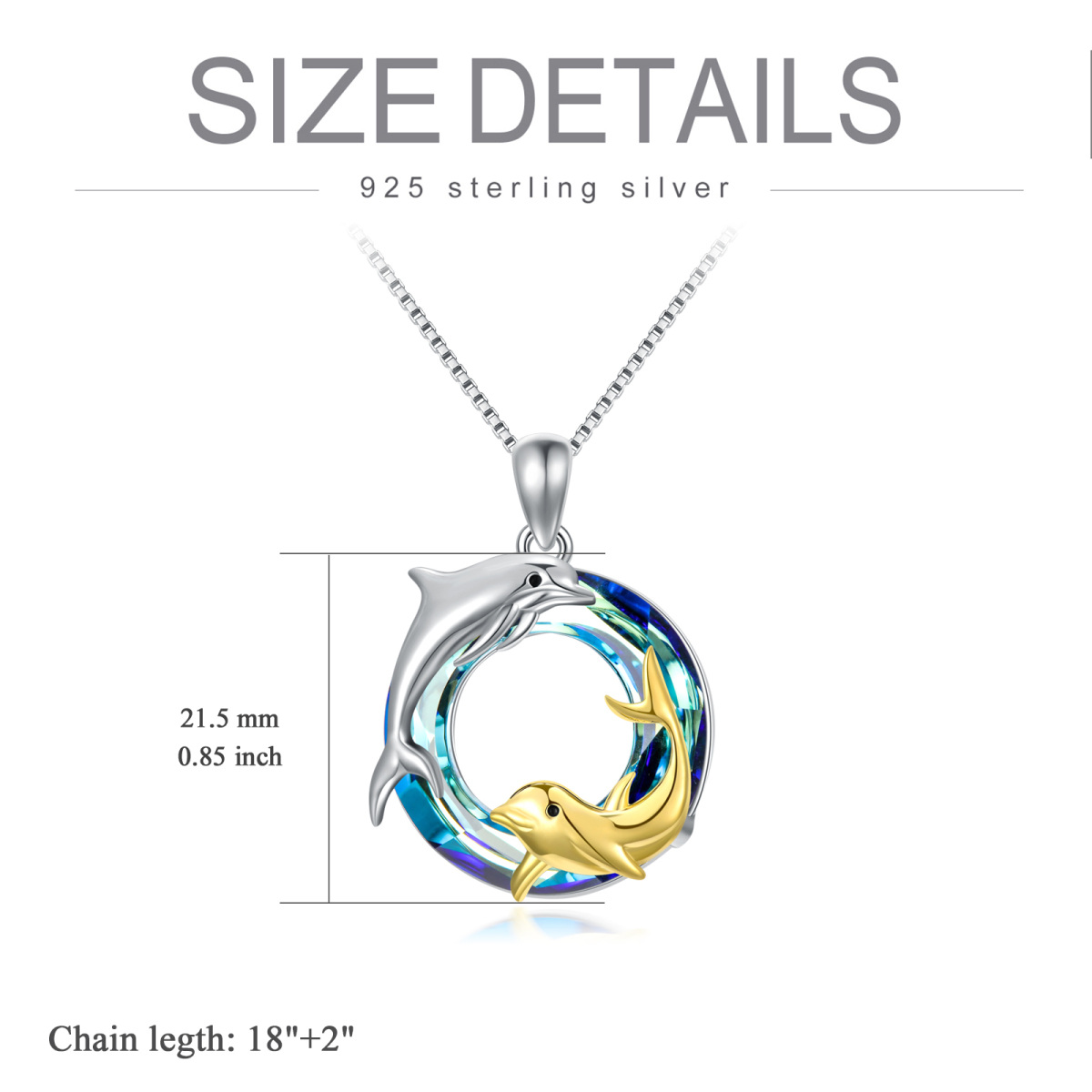 Sterling Silver Two-tone Crystal Dolphin Round Pendant Necklace-1