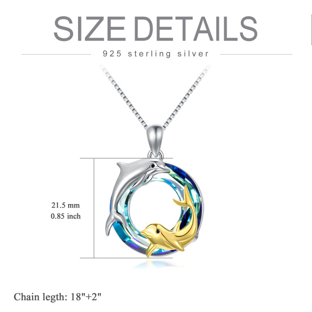 Sterling Silver Two-tone Crystal Dolphin Round Pendant Necklace-0