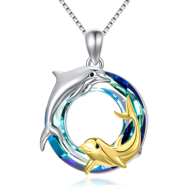 Sterling Silver Two-tone Crystal Dolphin Round Pendant Necklace-2