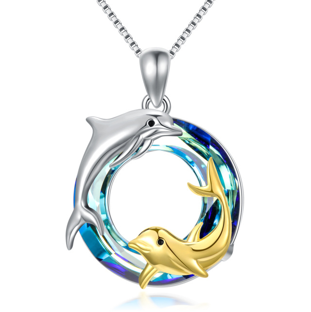 Sterling Silver Two-tone Circular Shaped Dolphin & Mother & Daughter Crystal Pendant Necklace-3