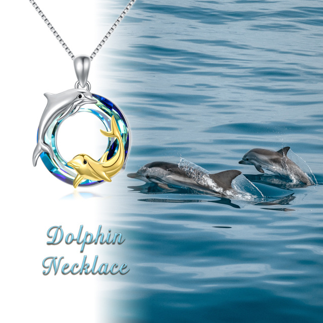 Sterling Silver Two-tone Crystal Dolphin Round Pendant Necklace-3
