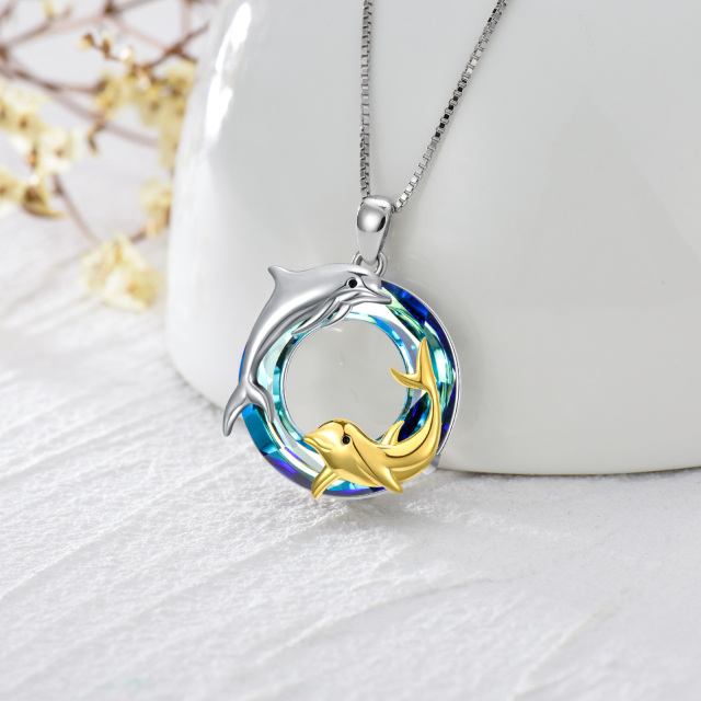 Sterling Silver Two-tone Crystal Dolphin Round Pendant Necklace-4