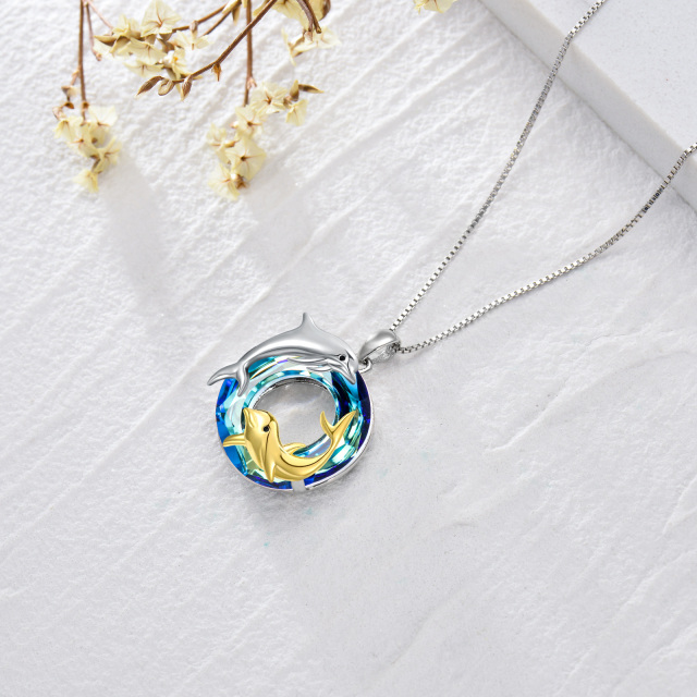 Sterling Silver Two-tone Crystal Dolphin Round Pendant Necklace-5