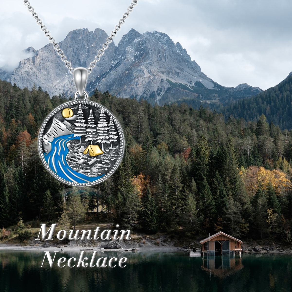 Sterling Silver Tri-tone Moon & Mountains Pendant Necklace-6