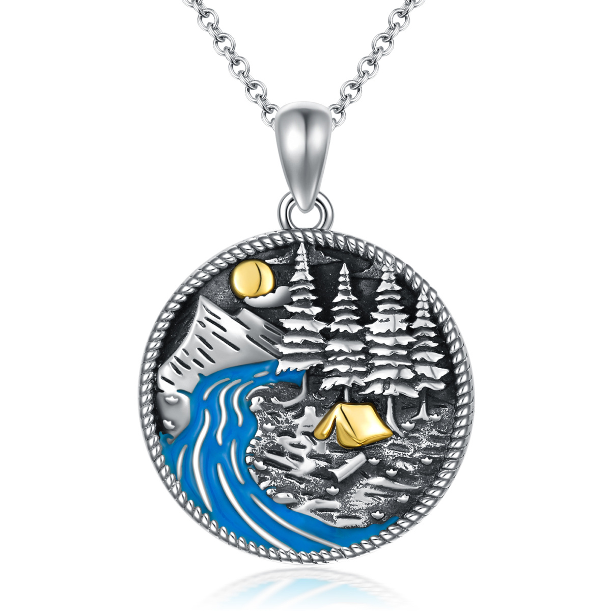 Sterling Silber Dreifarbiger Mond & Berge Anhänger Halskette-1