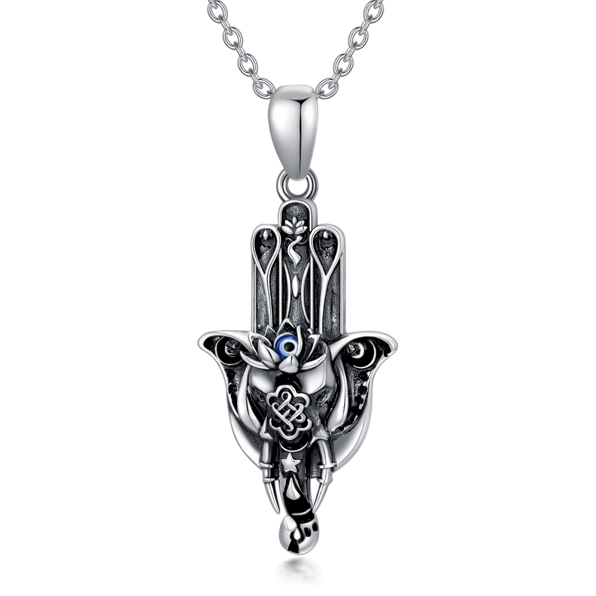 Sterling Silver Elephant & Hamsa Hand Pendant Necklace-1