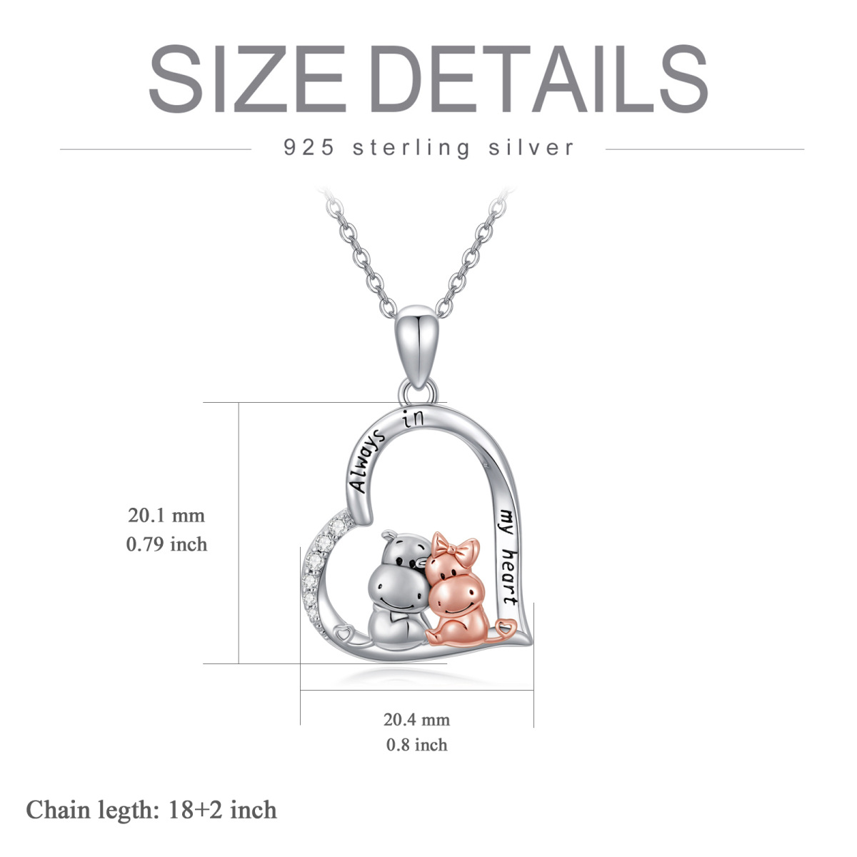 Sterling Silver Two-tone Circular Shaped Cubic Zirconia Hippo & Heart Pendant Necklace with Engraved Word-5