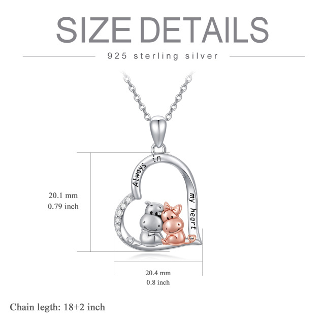 Sterling Silver Two-tone Circular Shaped Cubic Zirconia Hippo & Heart Pendant Necklace with Engraved Word-4