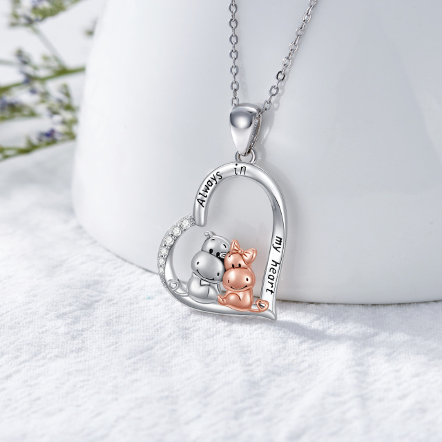 Sterling Silver Two-tone Circular Shaped Cubic Zirconia Hippo & Heart Pendant Necklace with Engraved Word-2