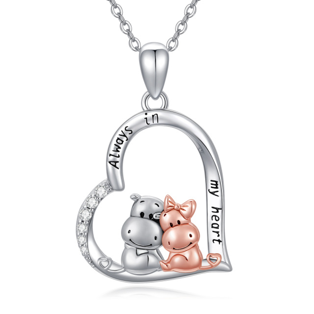Sterling Silver Two-tone Circular Shaped Cubic Zirconia Hippo & Heart Pendant Necklace with Engraved Word-0