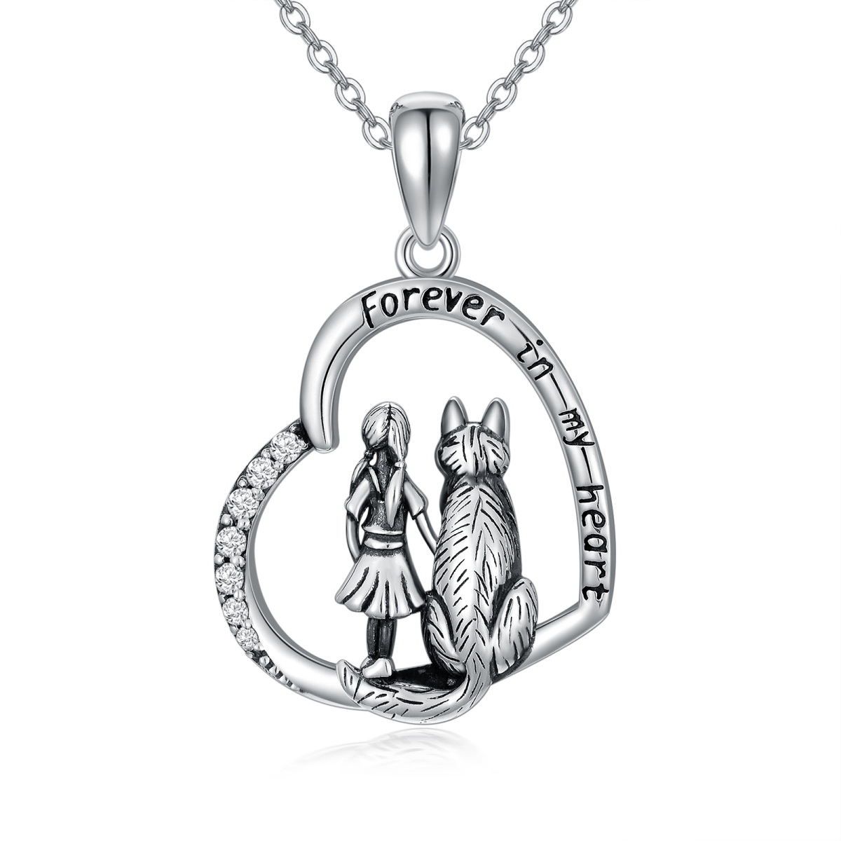 Sterling Silver Circular Shaped Cubic Zirconia Wolf & Heart Pendant Necklace with Engraved Word-1