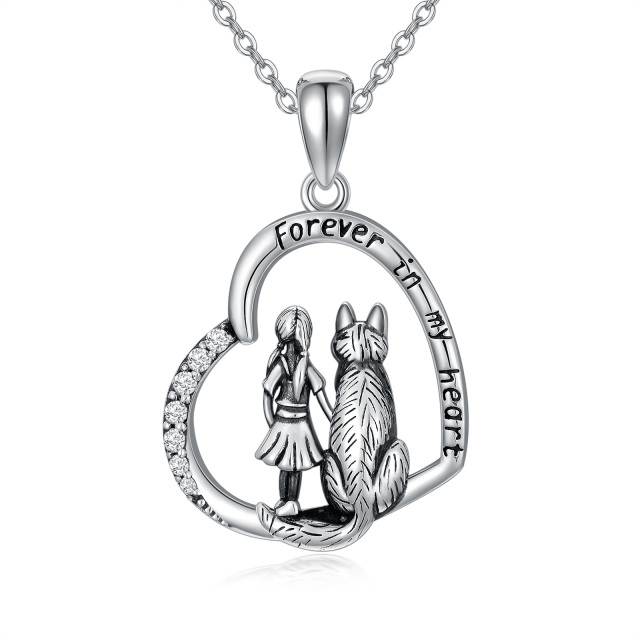 Sterling Silver Circular Shaped Cubic Zirconia Wolf & Heart Pendant Necklace with Engraved Word-0