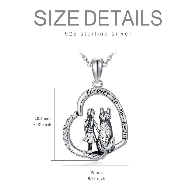 Sterling Silver Circular Shaped Cubic Zirconia Wolf & Heart Pendant Necklace with Engraved Word-4