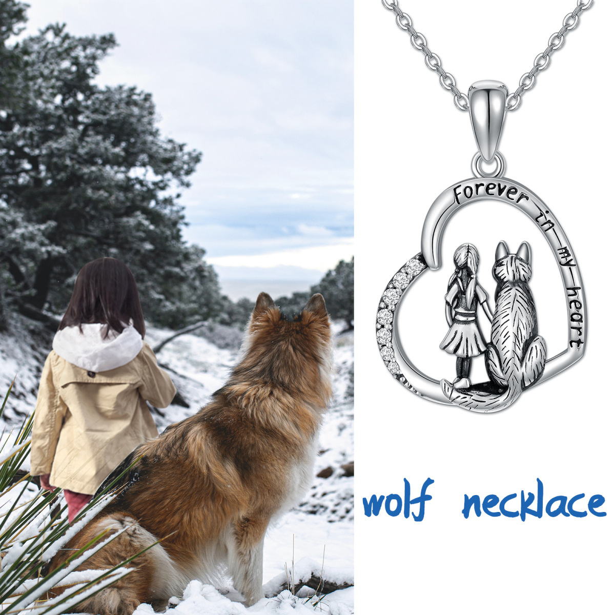Sterling Silver Circular Shaped Cubic Zirconia Wolf & Heart Pendant Necklace with Engraved Word-6