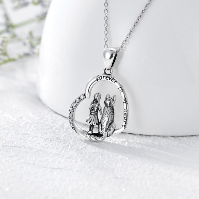 Sterling Silver Circular Shaped Cubic Zirconia Wolf & Heart Pendant Necklace with Engraved Word-2