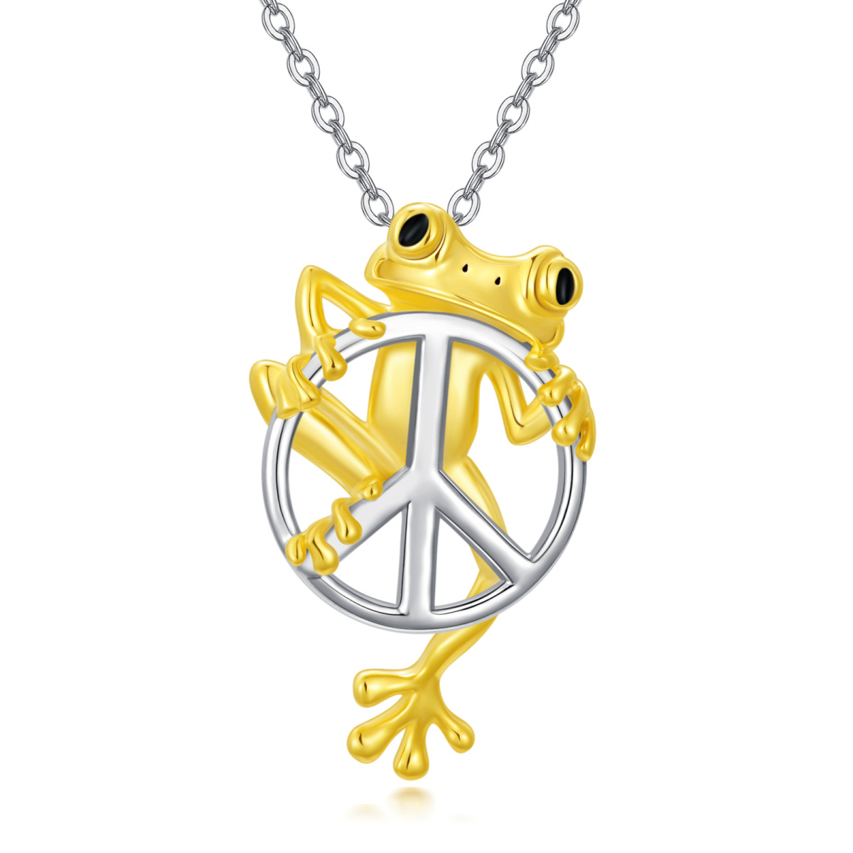 Sterling Silver Two-tone Frog & Peace Symbol Pendant Necklace-1