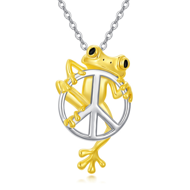 Sterling Silver Two-tone Frog & Peace Symbol Pendant Necklace-0