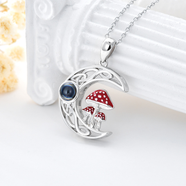 Sterling Silver Circular Shaped Projection Stone Mushroom & Celtic Knot & Moon Pendant Necklace with Engraved Word-2