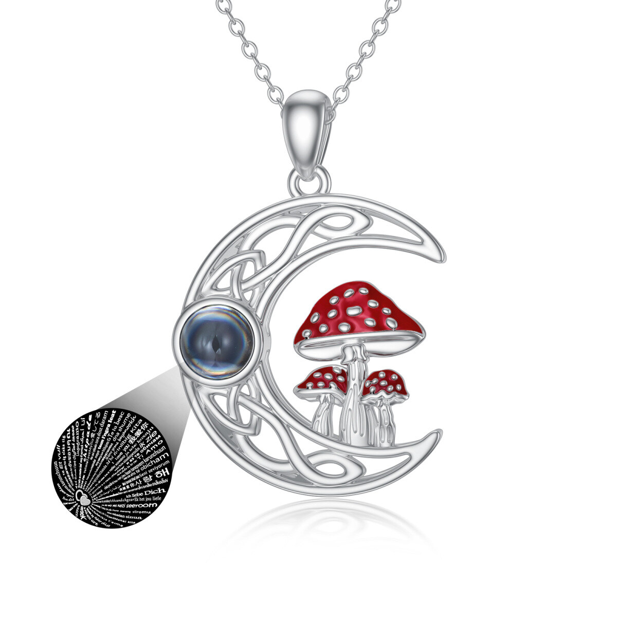 Sterling Silver Circular Shaped Projection Stone Mushroom & Celtic Knot & Moon Pendant Necklace with Engraved Word-1