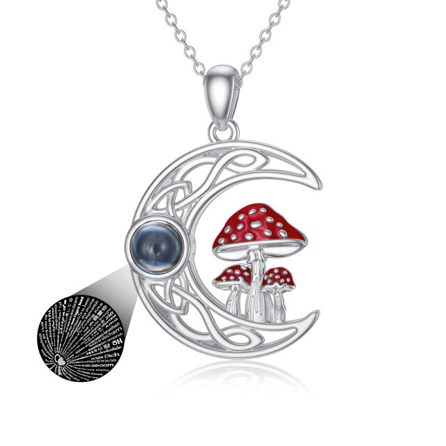 Sterling Silver Circular Shaped Projection Stone Mushroom & Celtic Knot & Moon Pendant Necklace with Engraved Word-0