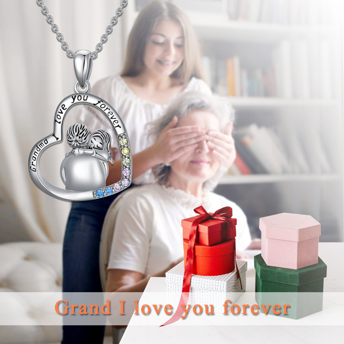 Sterling Silver Circular Shaped Cubic Zirconia Grandmother Pendant Necklace with Engraved Word-5