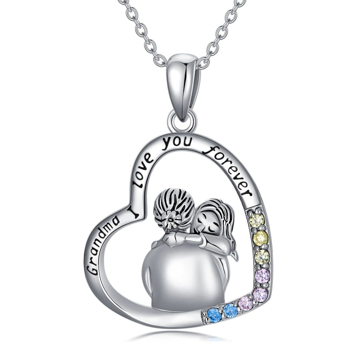 Sterling Silver Circular Shaped Cubic Zirconia Grandmother Pendant Necklace with Engraved Word-1