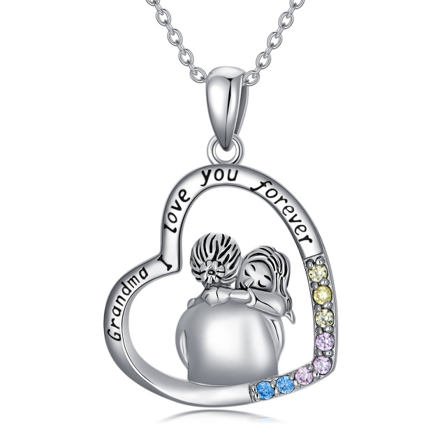 Sterling Silver Circular Shaped Cubic Zirconia Grandmother Pendant Necklace with Engraved Word-0