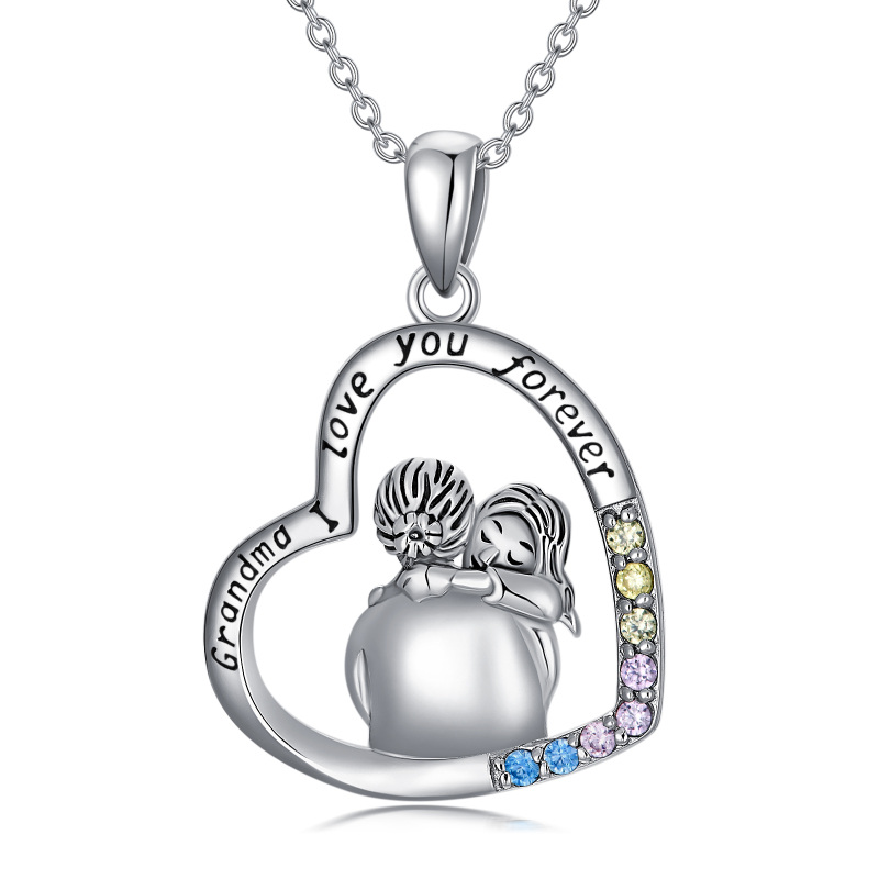 Sterling Silver Circular Shaped Cubic Zirconia Grandmother Pendant Necklace with Engraved Word
