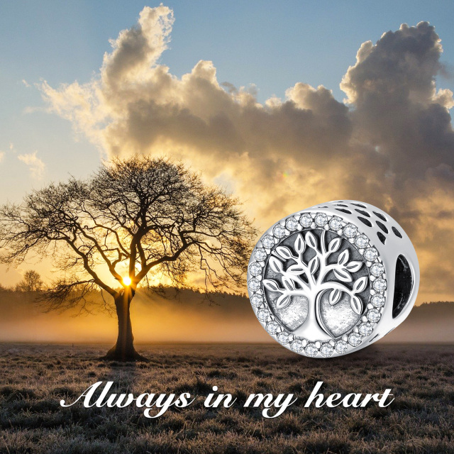 Sterling Silver Circular Shaped Cubic Zirconia Tree Of Life Bead Charm-4