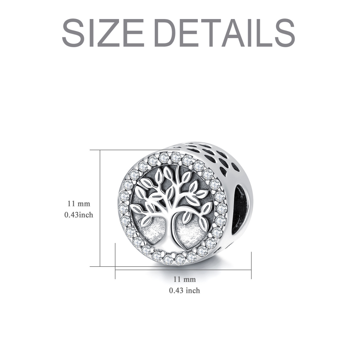 Sterling Silver Circular Shaped Cubic Zirconia Tree Of Life Bead Charm-6