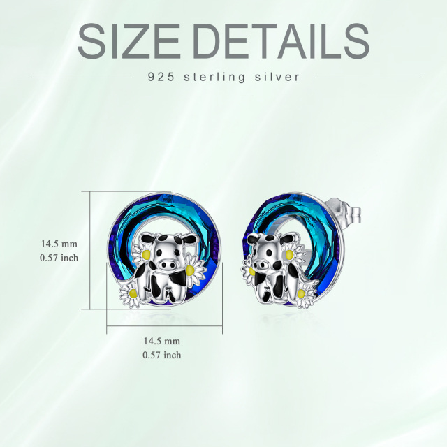 Sterling Silver Circular Shaped Crystal Cow & Daisy Stud Earrings-5