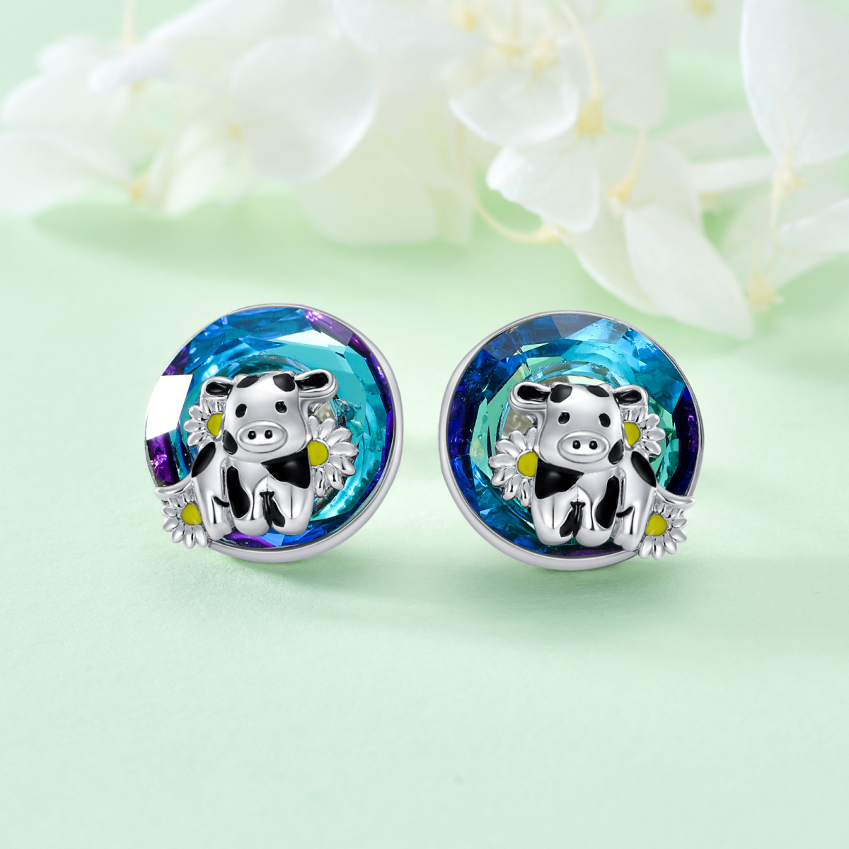 Sterling Silver Circular Shaped Crystal Cow & Daisy Stud Earrings-3