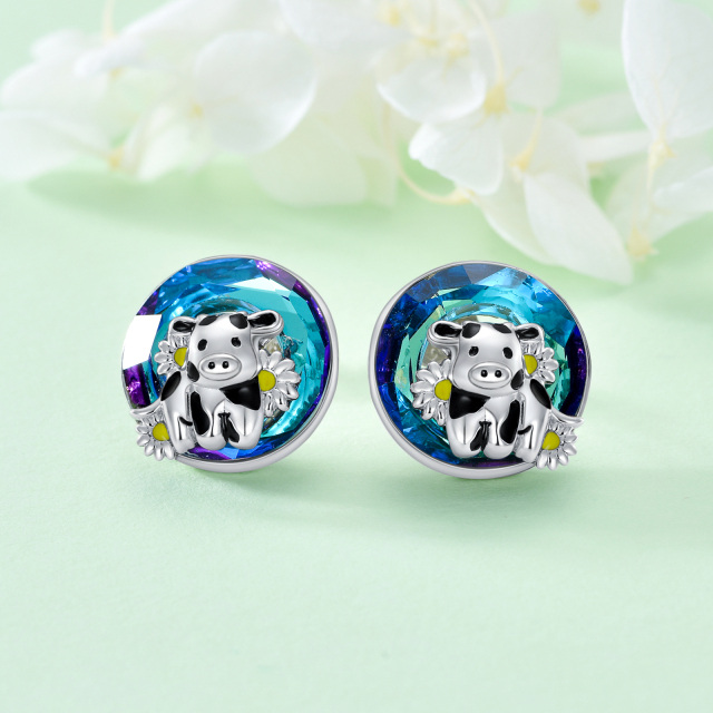 Sterling Silver Circular Shaped Crystal Cow & Daisy Stud Earrings-3