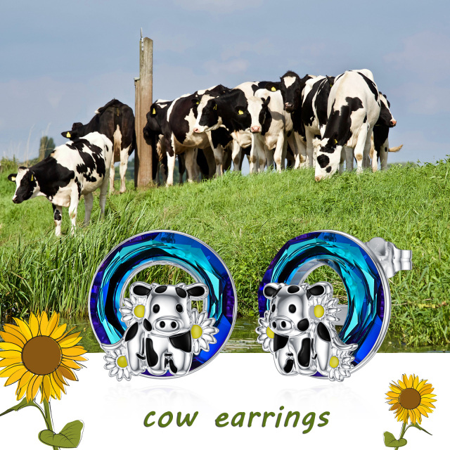 Sterling Silver Circular Shaped Crystal Cow & Daisy Stud Earrings-6