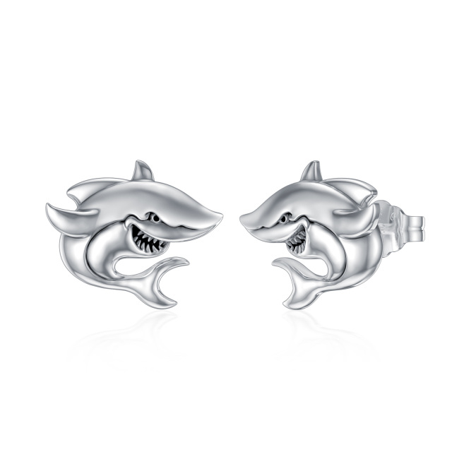 Sterling Silver Shark Stud Earrings-1