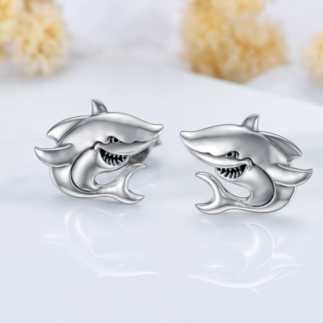 Sterling Silver Shark Stud Earrings-3