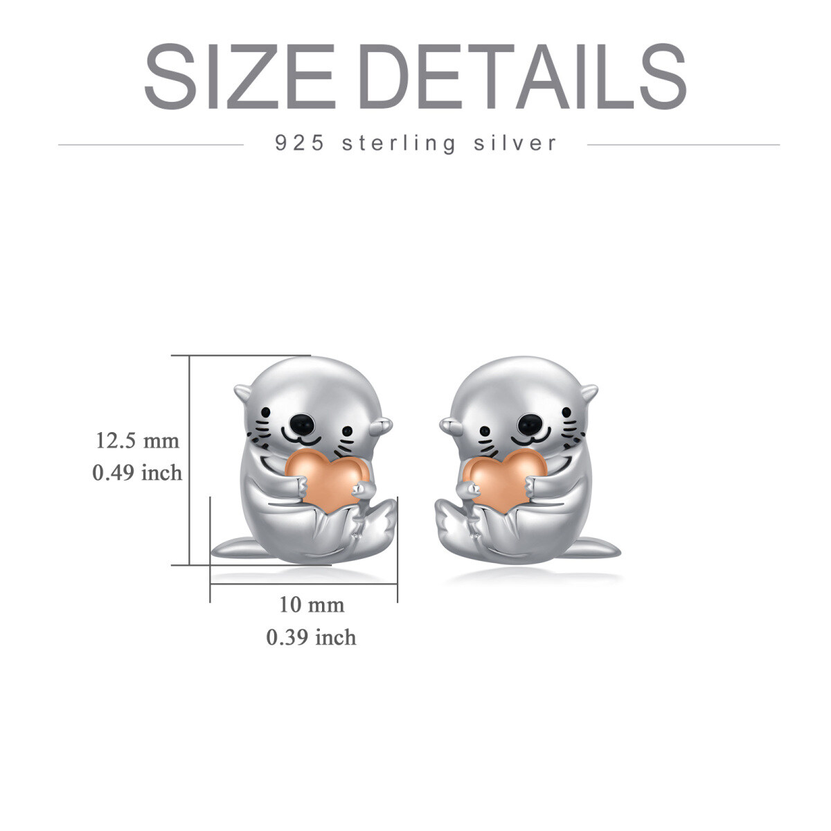 Sterling Silver Two-tone Sea Otter & Heart Stud Earrings-5