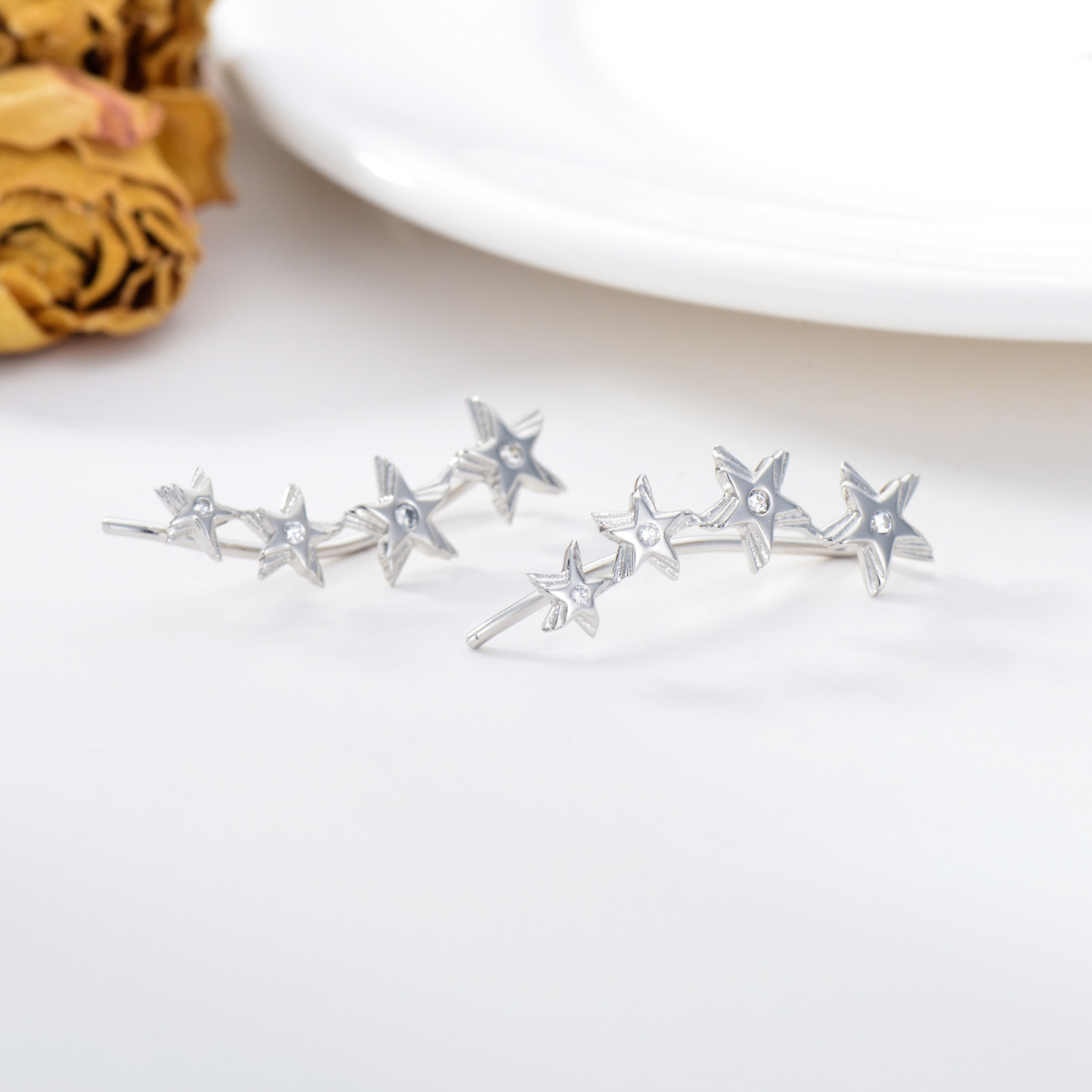 Sterling Silver Cubic Zirconia Star Climber Earrings-3