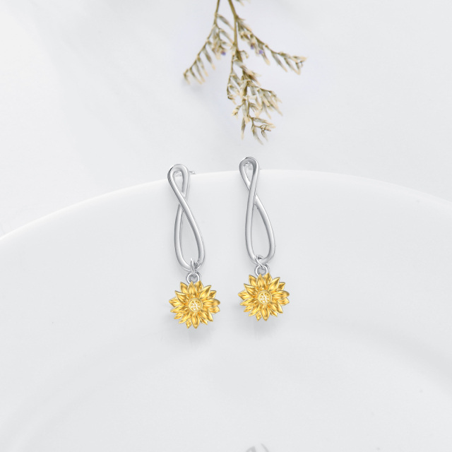 Sterling Silver Two-tone Circular Shaped Cubic Zirconia Sunflower & Infinity Symbol Drop Earrings-3