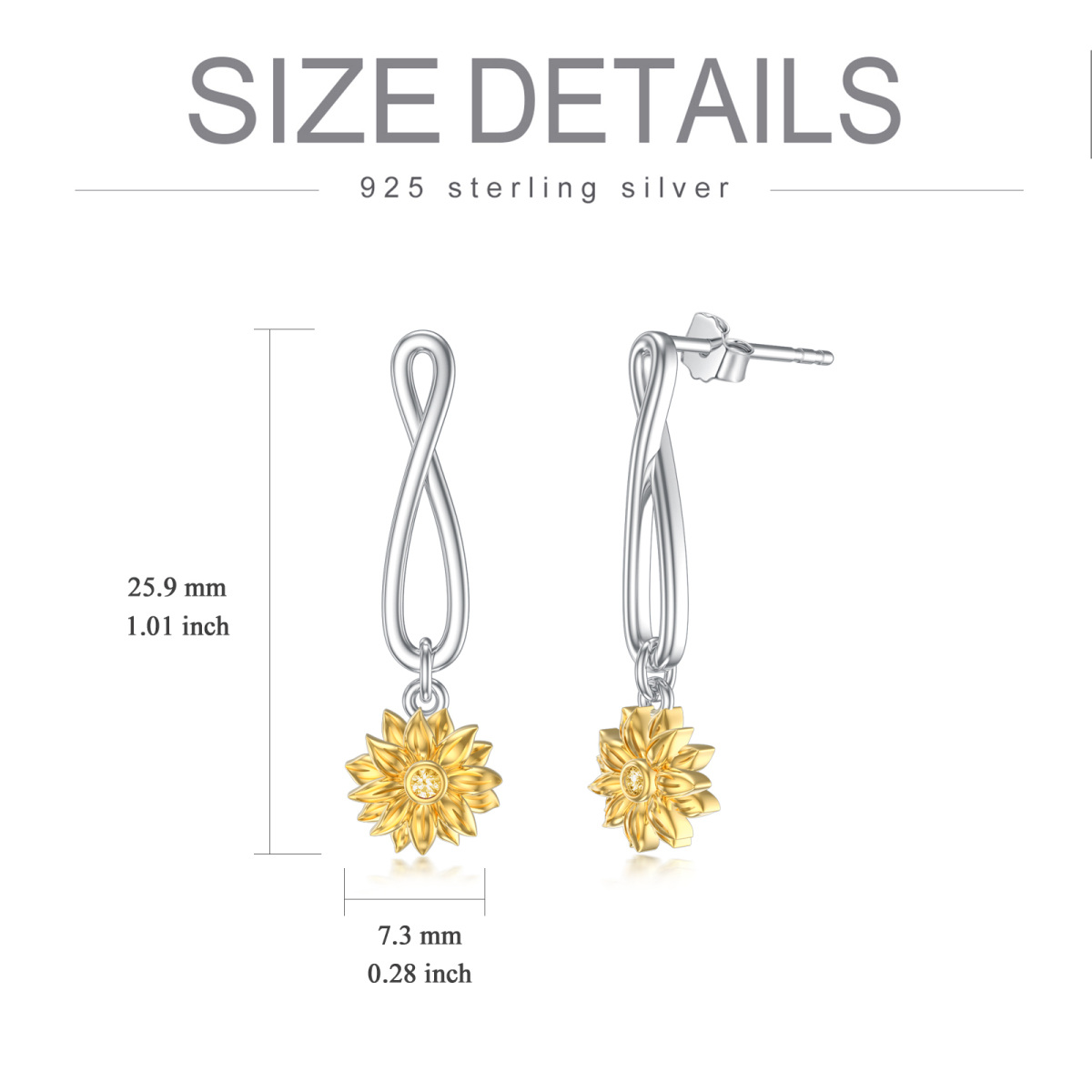 Sterling Silver Two-tone Circular Shaped Cubic Zirconia Sunflower & Infinity Symbol Drop Earrings-5