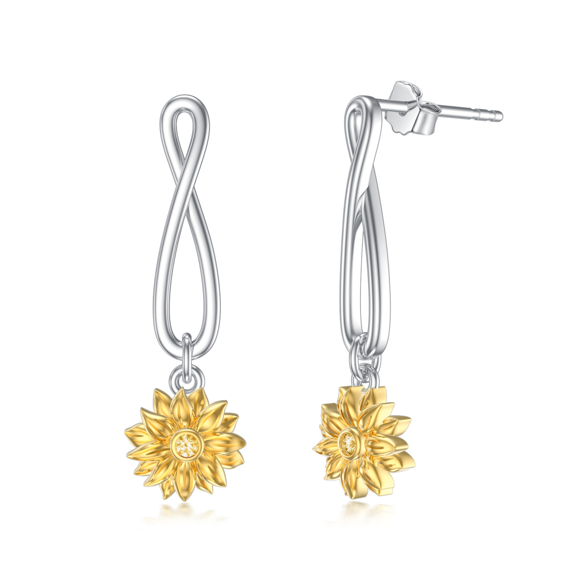 Sterling Silver Two-tone Circular Shaped Cubic Zirconia Sunflower & Infinity Symbol Drop Earrings-1