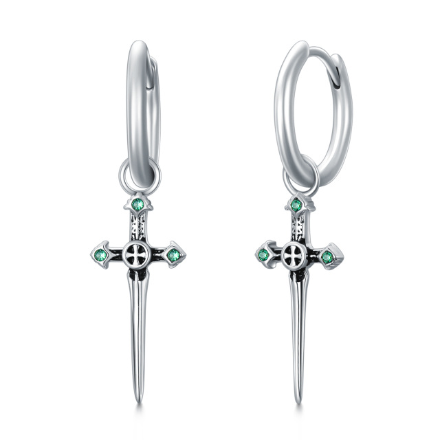 Sterling Silver Cubic Zirconia Cross & Sword Drop Earrings-5