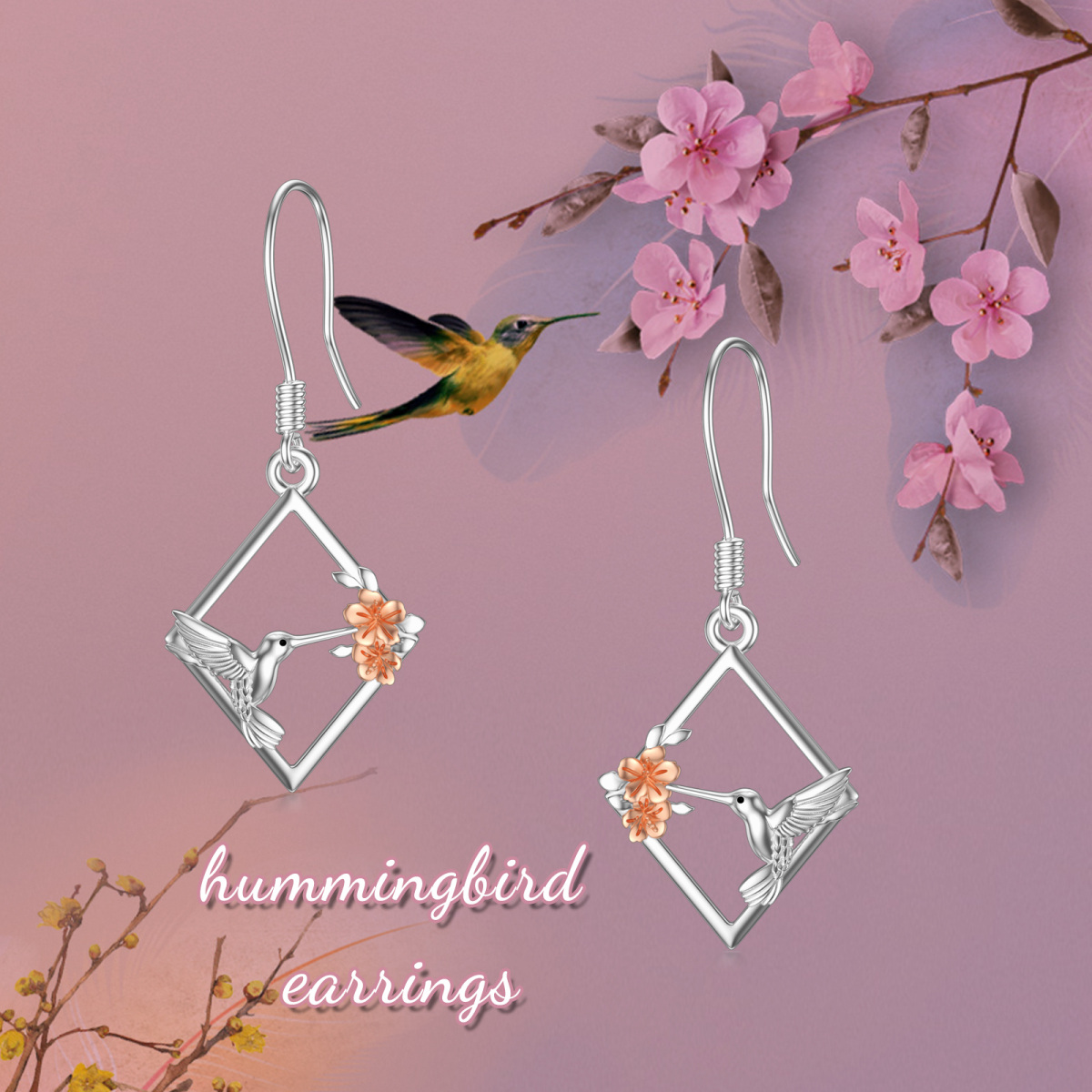 Sterling Silver Two-tone Hummingbird Drop Earrings-5