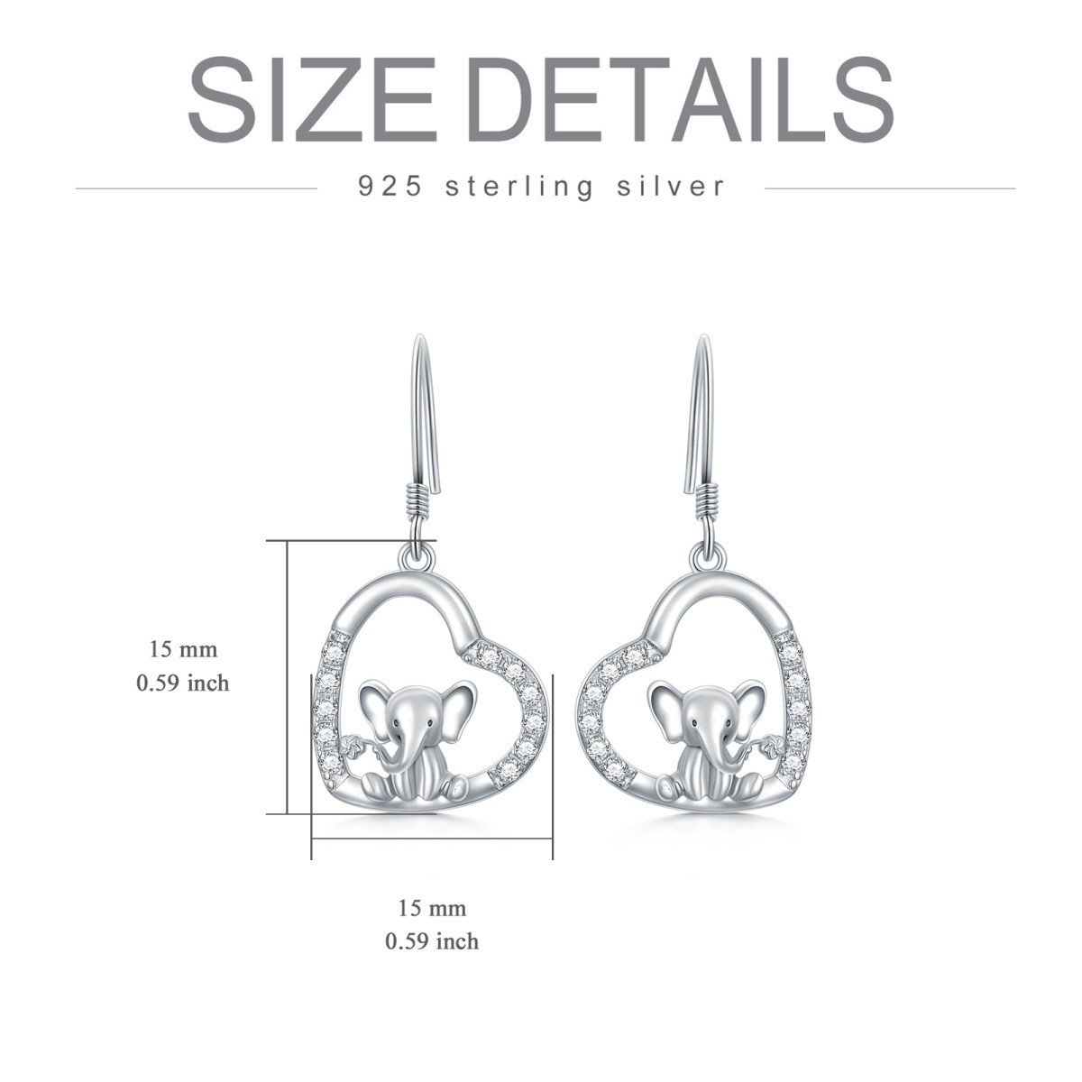 Pendientes de plata de ley con forma de elefante y corazón de circonita cúbica-6