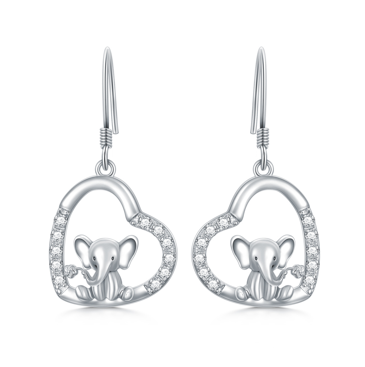 Sterling Silver Cubic Zirconia Elephant & Heart Drop Earrings-1