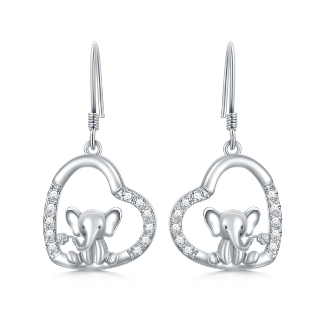 Sterling Silver Cubic Zirconia Elephant & Heart Drop Earrings-0