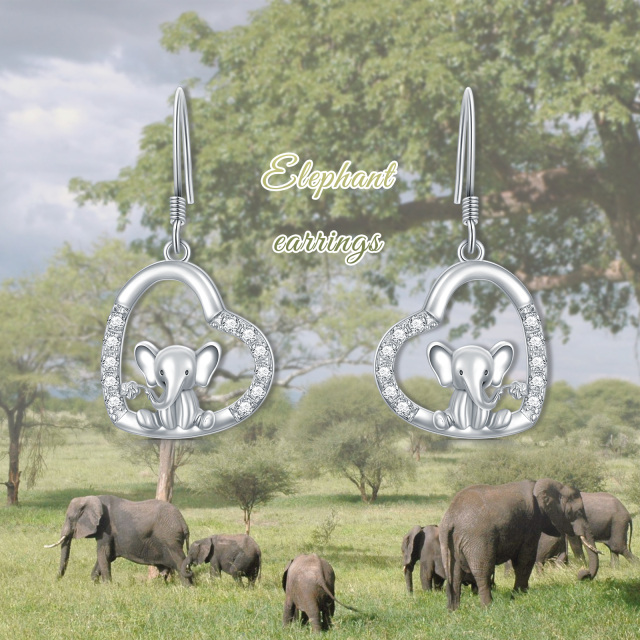 Boucles d'oreilles pendantes en argent sterling avec éléphant et coeur en zircon cubique-2