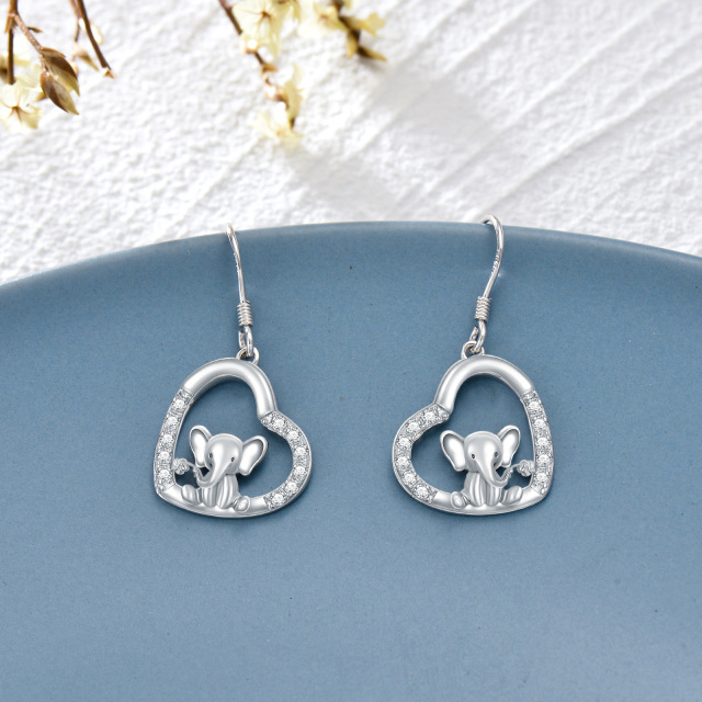 Boucles d'oreilles pendantes en argent sterling avec éléphant et coeur en zircon cubique-3